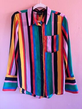Who What Wear Multicolor Vertical Stripe Button-Up Blouse